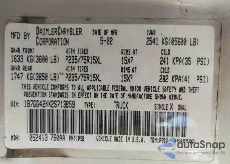 2002 Dodge Dakota Slt z USA, uszkodzony, nr VIN 1B7GG42NX2S713859